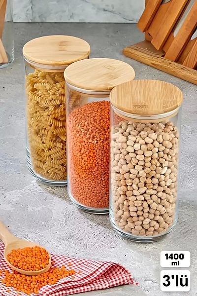 Tilbe Home 3-Piece Pulses Storage Container Vacuum Bamboo Lid Borosilicate Glass Jar Spice Rack Food Organizer