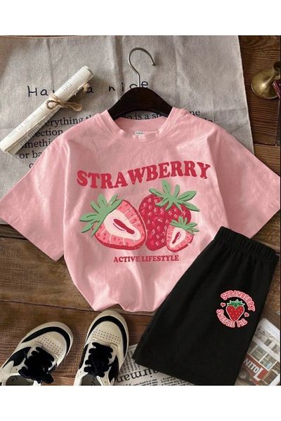 BYMEER Pink Black Strawberry Printed Bottom Top Shorts Set