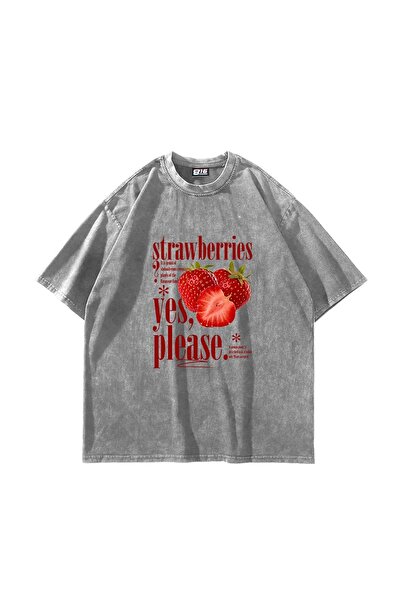 Bak Moda Tricou alb lavabil unisex oversize cu imprimeu Strawberry Yes Please