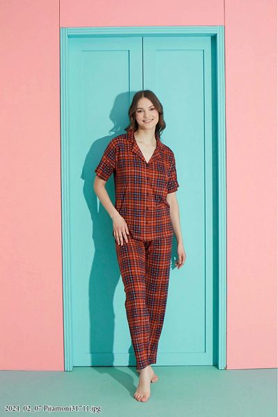 Pijamoni Women's E. Red Milan Fabric Front Button Shirt Collar Pajama Set – 7515