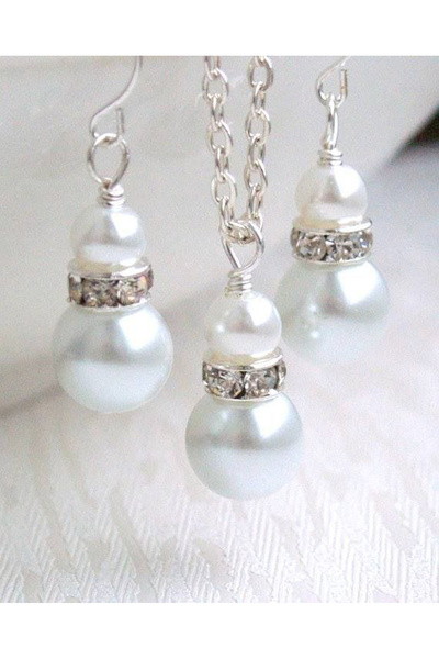 Shiklik MODA طقم مجوهرات نسائي أنيق من اللؤلؤ الحجري باللون الفضي - أقراط، قلادة