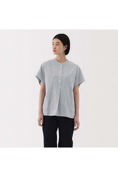 Muji بلوزة من مزيج الكابوك والشاش المزدوج بأكمام قصيرة