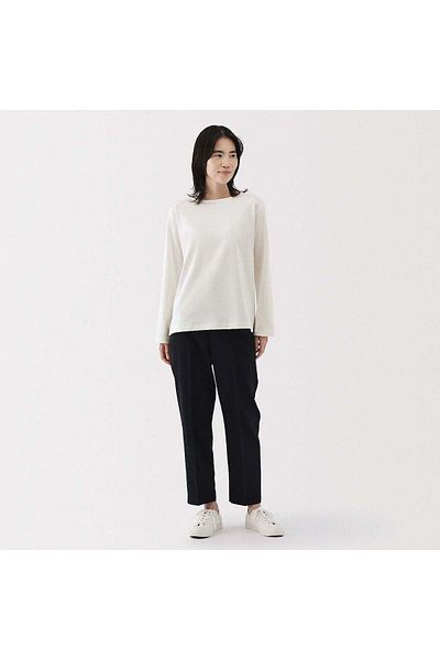Muji تي شيرت ثقيل الوزن برقبة على شكل قارب وأكمام طويلة