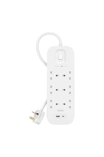 Belkin 18W 6-Way 2-USB Power Extension Surge Protector White 2m
