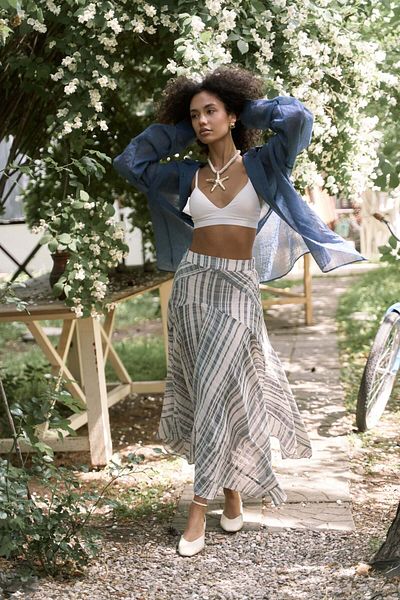 BOHEMAİ Peigi Striped Piece Indigo Midi Skirt
