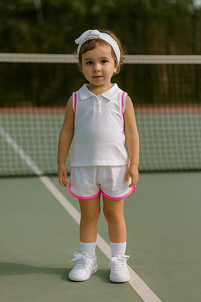LUESS Girl's Polo Neck Stripe Detailed Shorts Set - Pink (Age 3-4, Age 8-9)