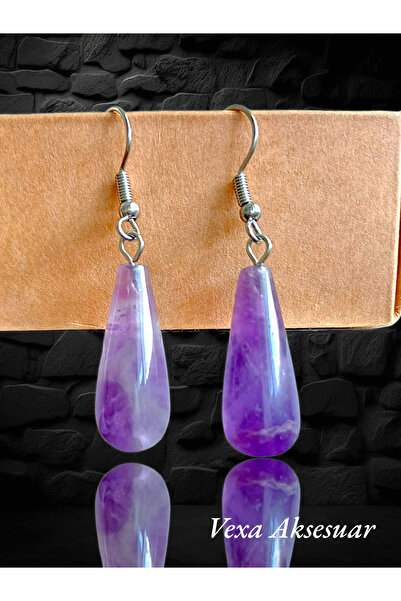anonim Doğal Ametist Taşlı Damla Küpe – Mor Doğaltaş Küpe – Vexa Aksesuar