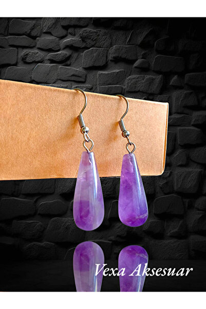 anonim Doğal Ametist Taşlı Damla Küpe – Mor Doğaltaş Küpe – Vexa Aksesuar