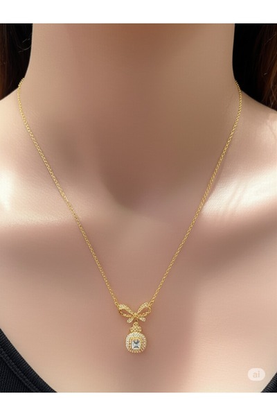 FAMEMUS ACCESSORY Elegant Bow Stone Detailed 45 cm Steel Gold Necklace