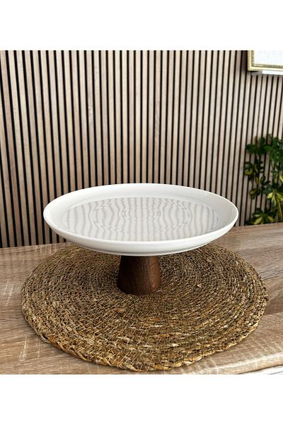 İpek Home Porcelain Presentation Plate with Acacia Feet