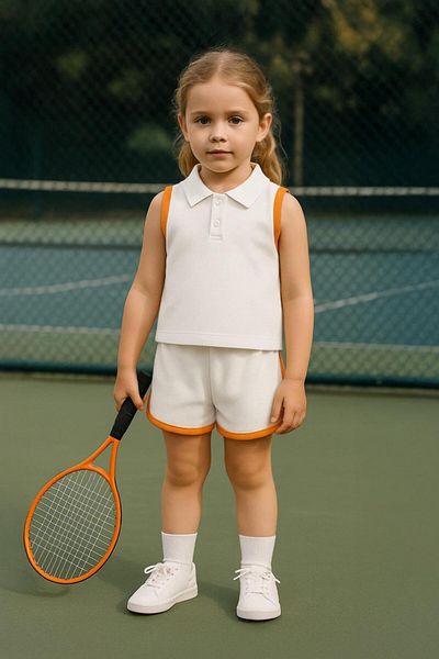 LUESS Girl's Polo Neck Stripe Detailed Shorts Set - Orange (Age 3-4, Age 8-9)