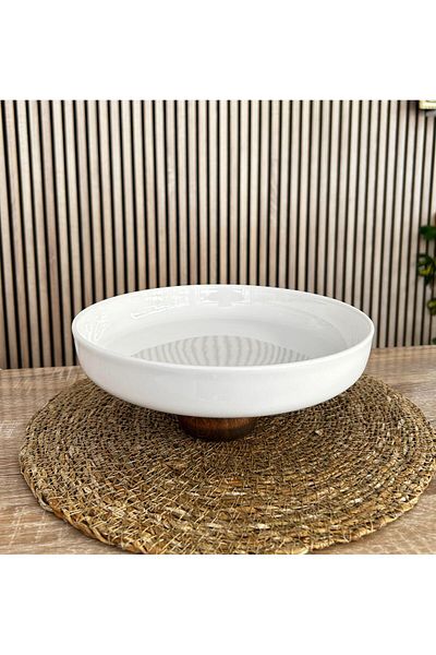 İpek Home Deep Porcelain Bowl with Acacia Feet