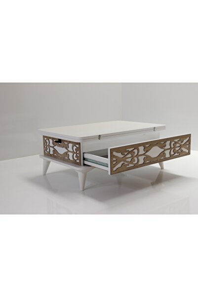 kolexonline Akıllı Sihirli Sehpa 3 Kadameli Cekmeceli Ayaklı Beyaz