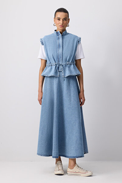 Touché Privé Denim Vest Skirt Suit with Tie Waist