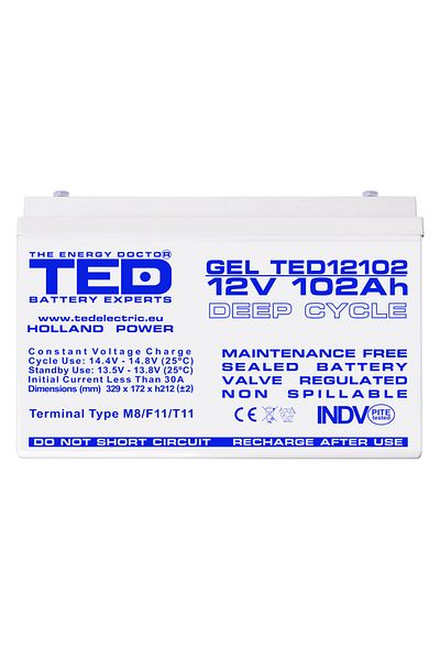 TED Electric Baterie reîncărcabilă M8 12V staționară VRLA 102Ah GEL, dimensiuni 331x173x213 mm, TED12102