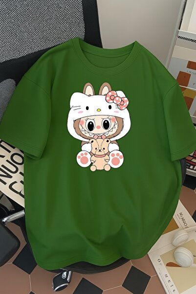 SOHR Unisex Ανδρικό/Γυναικείο μπλουζάκι Kitty Labubu Πολύχρωμο με τύπωμα oversized Βαμβακερό μπλουζάκι