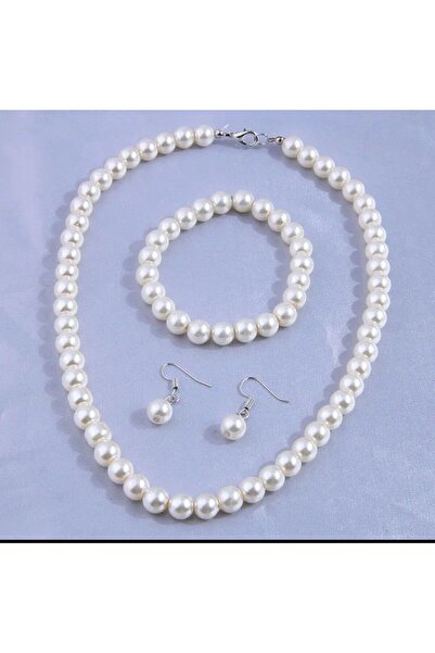 Shiklik MODA طقم مجوهرات نسائي من اللؤلؤ مكون من 3 قطع (قلادة + سوار + أقراط)