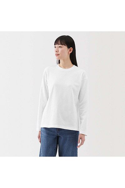 Muji تي شيرت جيرسي ذو خيطين بياقة دائرية وأكمام طويلة