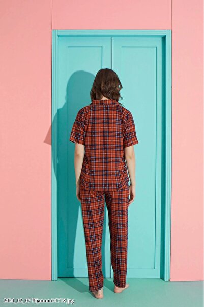 Pijamoni Women's E. Red Milan Fabric Front Button Shirt Collar Pajama Set – 7515