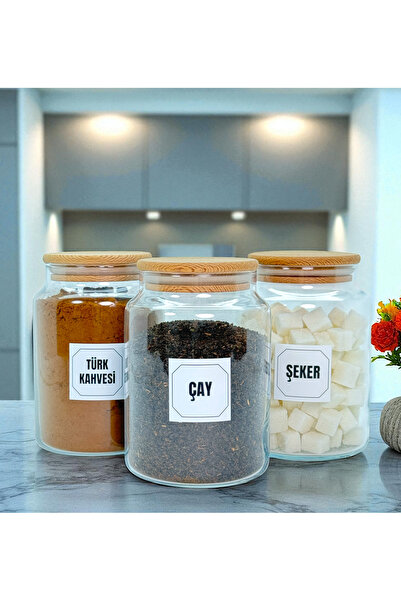 mafa home 3'lü Ahşap Vakum Kapaklı Cam Türk Kahvesi Çay Şeker Saklama Kavanoz...