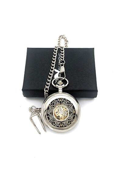 valkyrie Open Dial Mechanical Pocket Watch with Chain Transparent Design Hollowed Out Silver Case Wind-Up Collectibles
