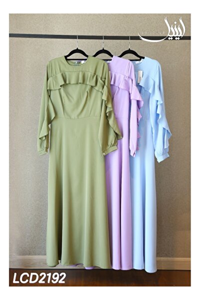 LINELLE فستان كاجوال - فستان ماكسي بلون واحد على شكل حرف A بأكمام مكشكشة وفتح...