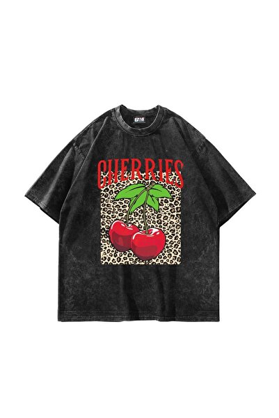 Bak Moda Tricou negru oversize unisex lavabil cu imprimeu leopard Cherries