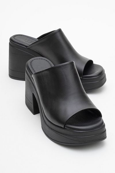 LuviShoes Nola Black Skin Genuine Leather Women's Platform Heeled Slippers