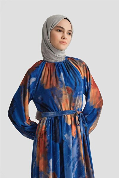 Armine Desenli Elbise 25YD4016 Mavi