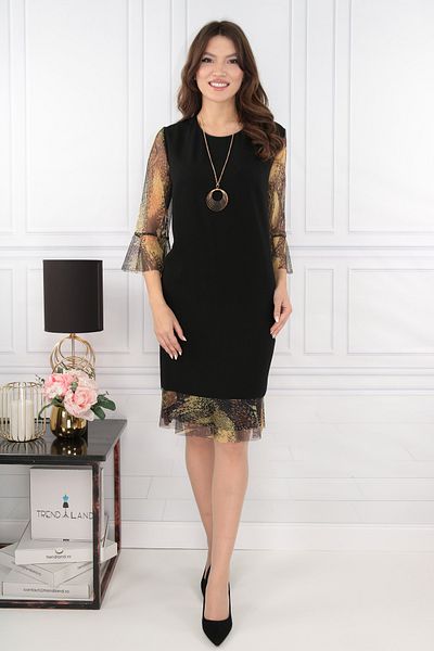 Vanessa Line RO Elegant black dress with sleeves and olive tulle ruffle