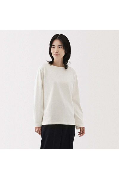 Muji تي شيرت ثقيل الوزن برقبة على شكل قارب وأكمام طويلة