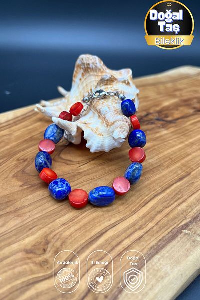 Balzamin Design Deep Balances: Coral & Lapis Lazuli Natural Stone Steel Bracelet