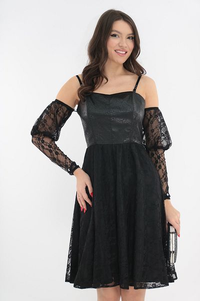Vanessa Line RO Elegant cloche dress made of black lace and film-coated silk