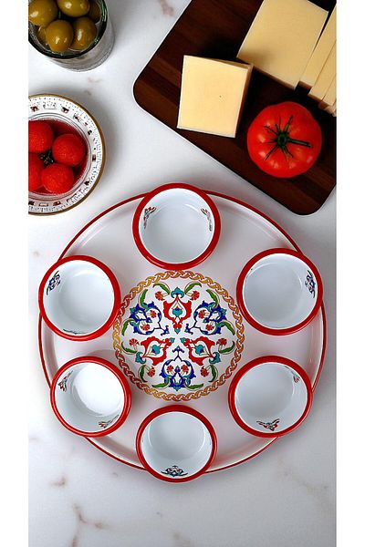 İnci Emaye 7 Piece Medium Size Patterned Enamel Breakfast Set, Presentation, Breakfast Plate, Jam Bowl, Olives, Cheese Plate
