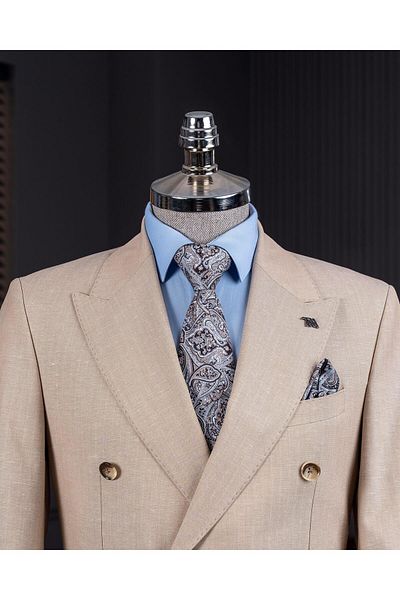 TerziAdemAltun Italian Style Double-Breasted Jacket Pants Suit Camel T14095