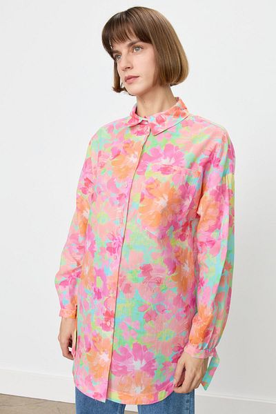 Nihan Gathered Sleeves Shirt Collar Tunic Pink