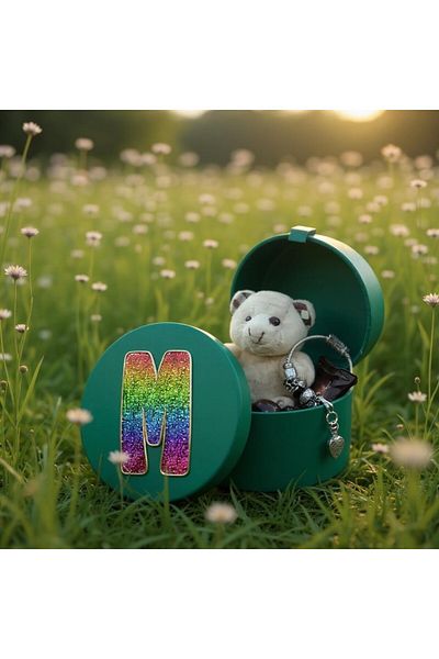 LADİJİTAL BASKI ÇÖZÜMLERİ Steel Bracelet & Chocolate & Teddy Bear in Colorful Round Letter Printed Box