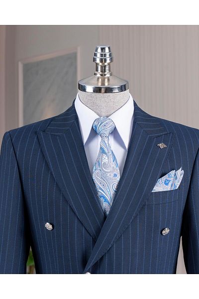 TerziAdemAltun Italian Style Slim Fit Double Breasted Jacket Pants Suit Navy Blue T14295