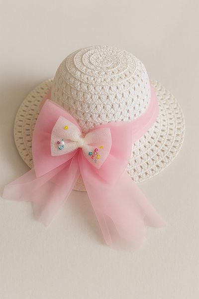 ESİLA KİDS Girls' Pink Bow Summer Straw Hat with Pearl and Bead Decoration 3-8 Years Old