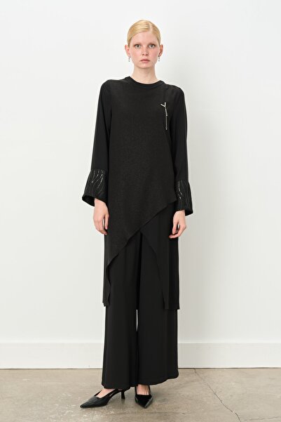 Nihan Sim Kumaş Garnili Şık Pantolon Tunik Takım Siyah