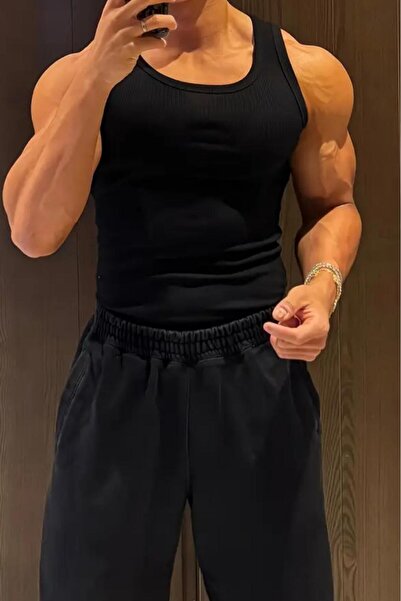 NO 601 Erkek Siyah Ribana Kolsuz Düz Atlet Tshirt