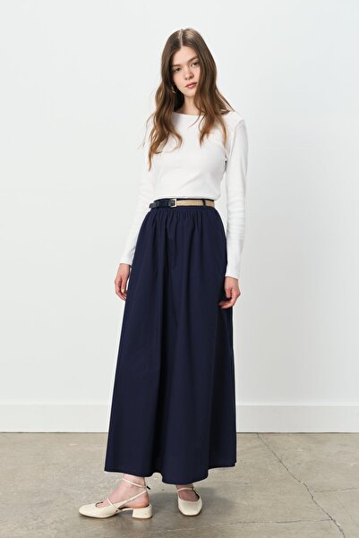 Nihan Büzgülü Kemer Detaylı Pamuk Etek Lacivert