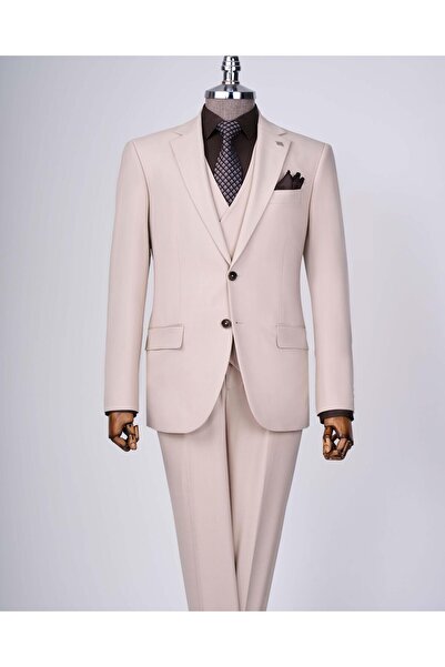 TerziAdemAltun klasik kesim regular fit ceket yelek pantalon takım elbise bej T12610