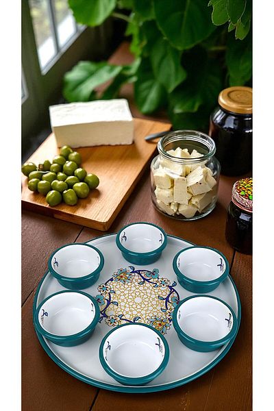 İnci Emaye 7 Piece Medium Size Patterned Enamel Breakfast Set, Presentation, Breakfast Plate, Jam Bowl, Olives, Cheese Plate