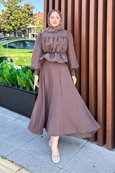 Ovn. Gathered Blouse Skirt Set - Brown