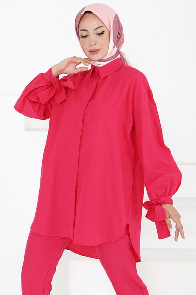 TOFİSA Double Suit with Sleeve Detail Fusya - 27085
