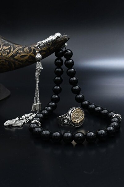 Prestige Doğal Oniks Taşlı Tesbih Ve 925 Ayar Gümüş Yüzük Hasbiyallah Yazlı 9...