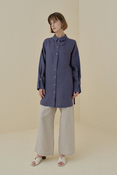 Nihan Oversize Linen Tunic with Sleeve Detail Indigo