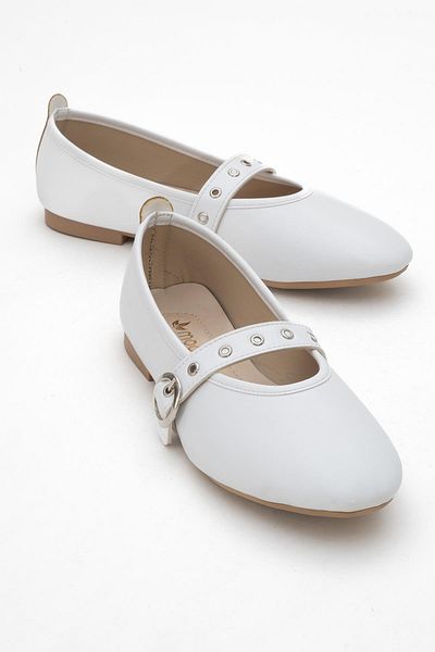 CCWAY AYAKKABI Women's Single-Piece Buckle Ballerina Ballerina White