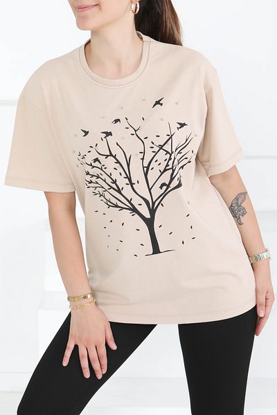 TOFİSA Printed Stone T-Shirt Beige - 27375